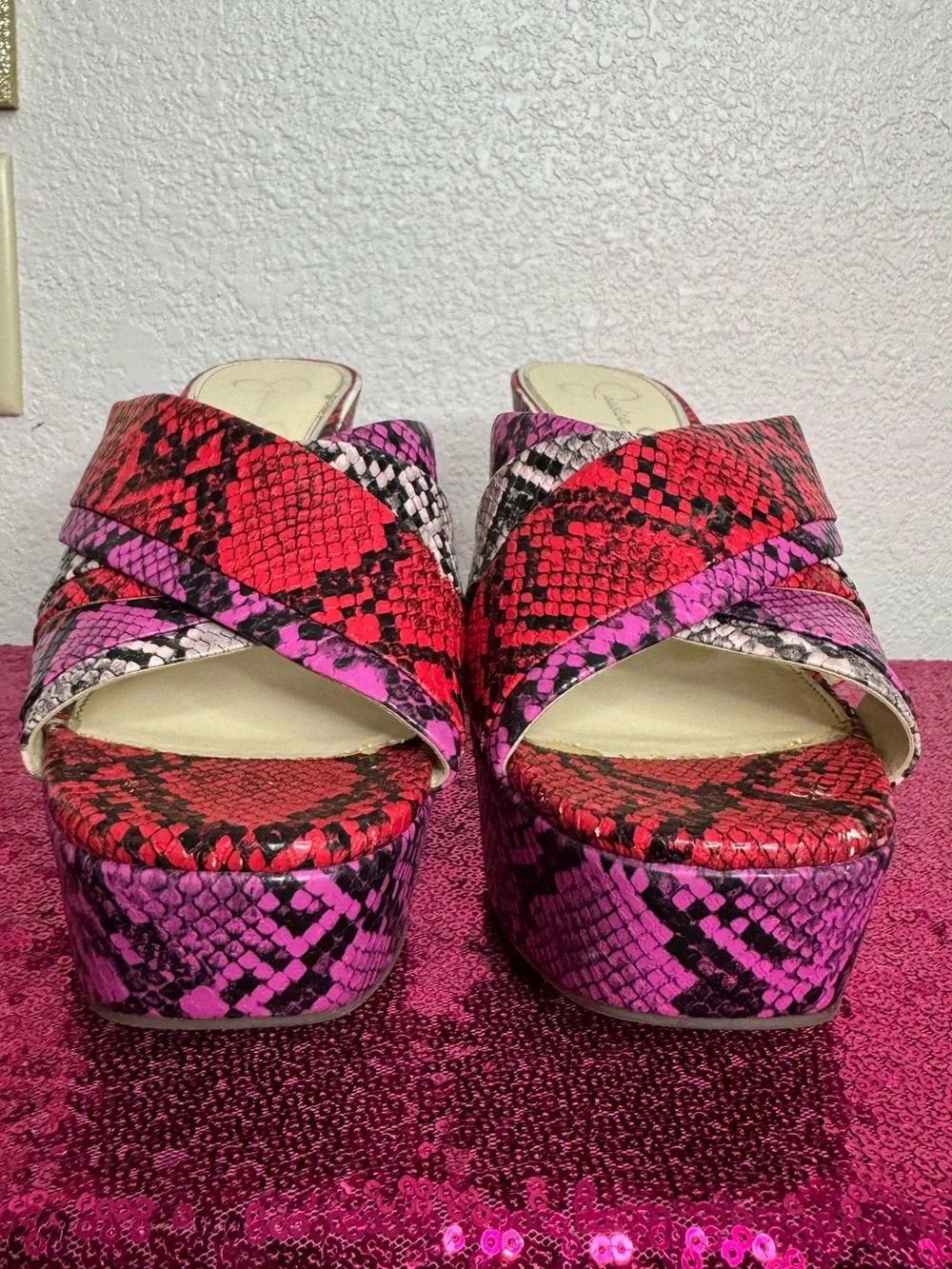 JESSICA SIMPSON 💖 Hot Pink & Red Snake-Print Platform Mule Heels (Women’s 8.5)